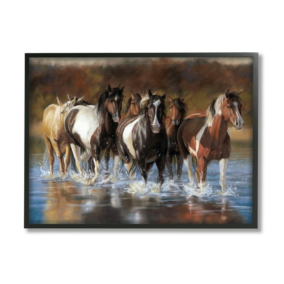 Stupell Industries Horses Splashing Shallow Pond Animals & Insects Painting Black Framed Art Print Wall Art, 14 x 11