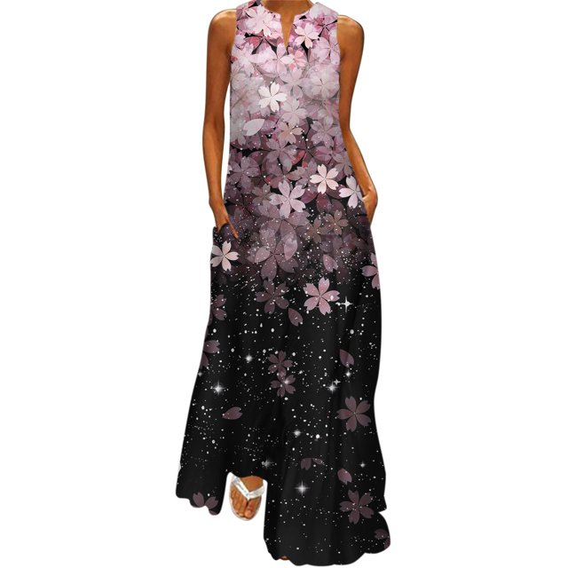 Gibobby Vestido largo casual de verano para mujer Mujer Verano Casual Sin mangas Estampado con cuello en V Maxi Vestido suelto Boho Beach Vestido largo con bolsillos(Rosa,M)