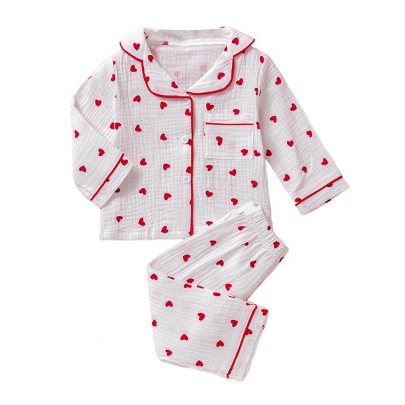 Girls Long Sleeve Pajama with Heart Print Two Piece Outfit Sleep Clothes