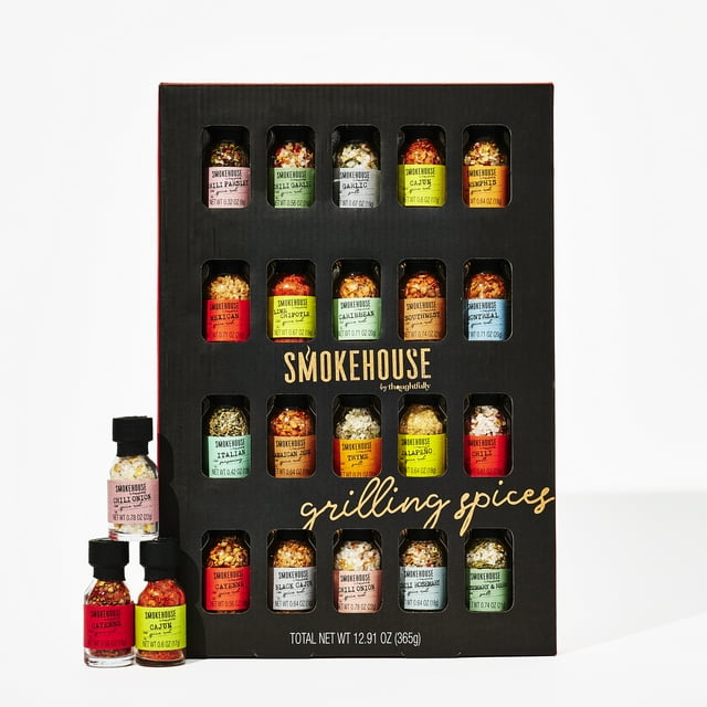 Smokehouse by Thoughtfully Ultimate Grilling Spice Set, a gift basket featuring 20 mini bottles of gourmet seasonings and rubs, including Chili Garlic, Rosemary and Herb, Lime Chipotle, Cajun, and more. The black packaging highlights vibrant labels and organized compartments, perfect for holiday gifting or enhancing grilled dishes.