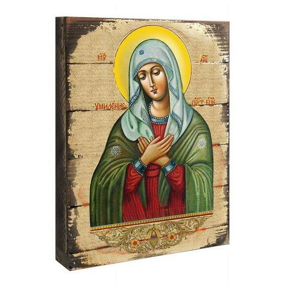 Tenderness Mother of God Icon Painting on Gold-Plated Wooden Block