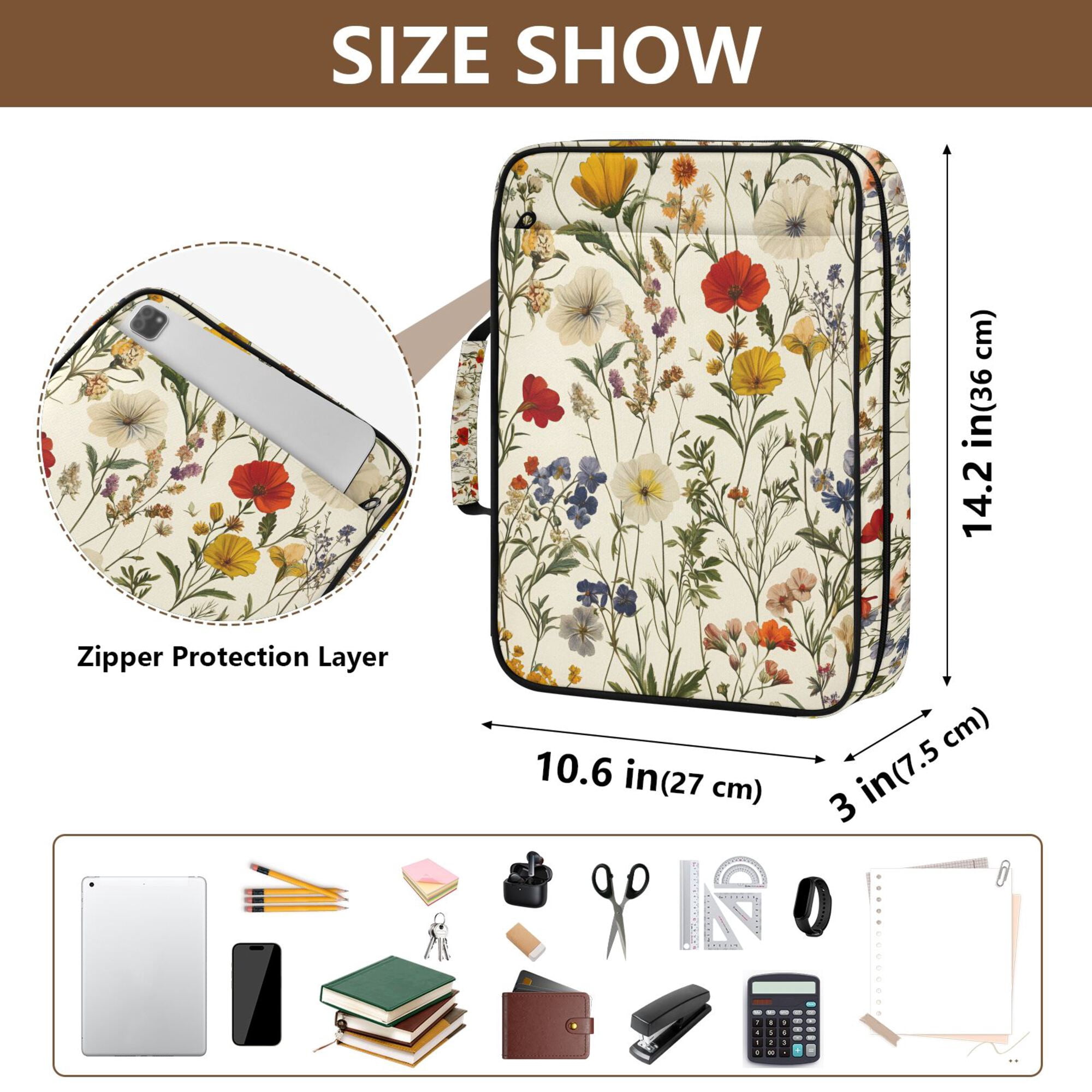 FORMRS Accordion File Folder A4 Size 7-Pocket Expanding Document Organizer Bag with 3 Ring Binder, Beige Floral