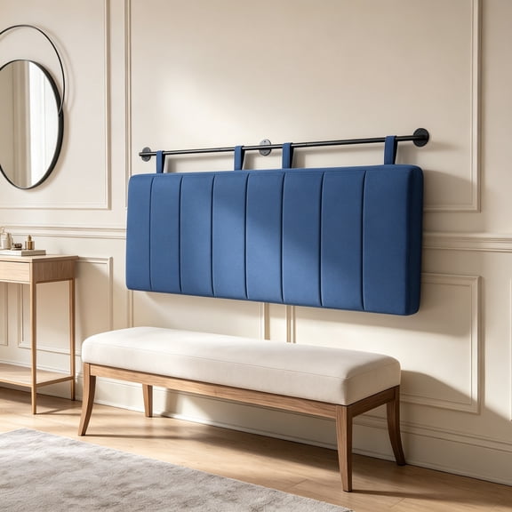 King Headboard Only, Wall Mounted Hanging Upholstered, Modern Vertical Channel Design of Fine Linen, Elegant Dark Blue Fluted, King Size