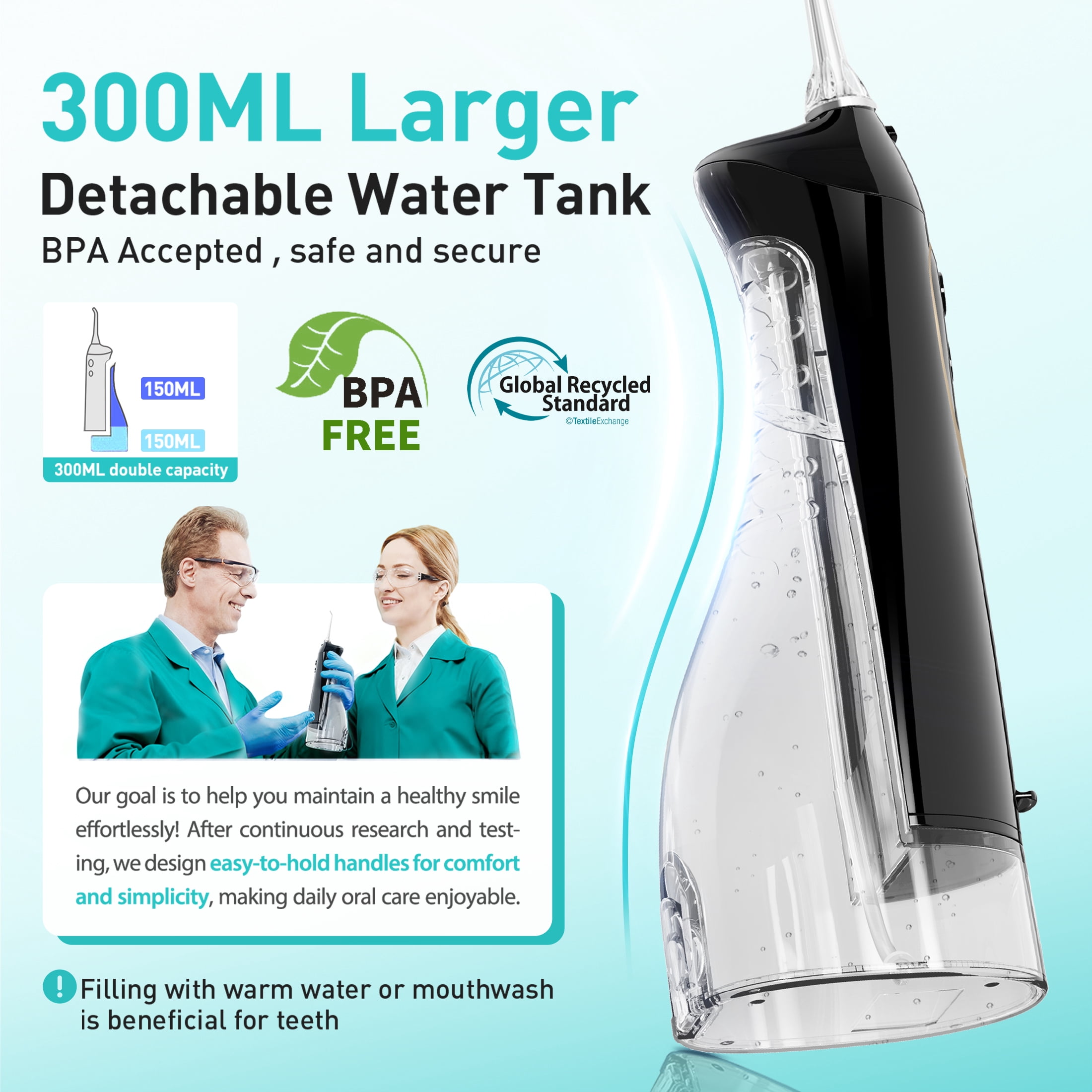 COSLUS  CX20 Water Dental Flosser Teeth Pick,300ML Tank IPX7 Waterproof Portable Rechargeable Water Flosser Dental Oral Irrigator for Home and Travel Black