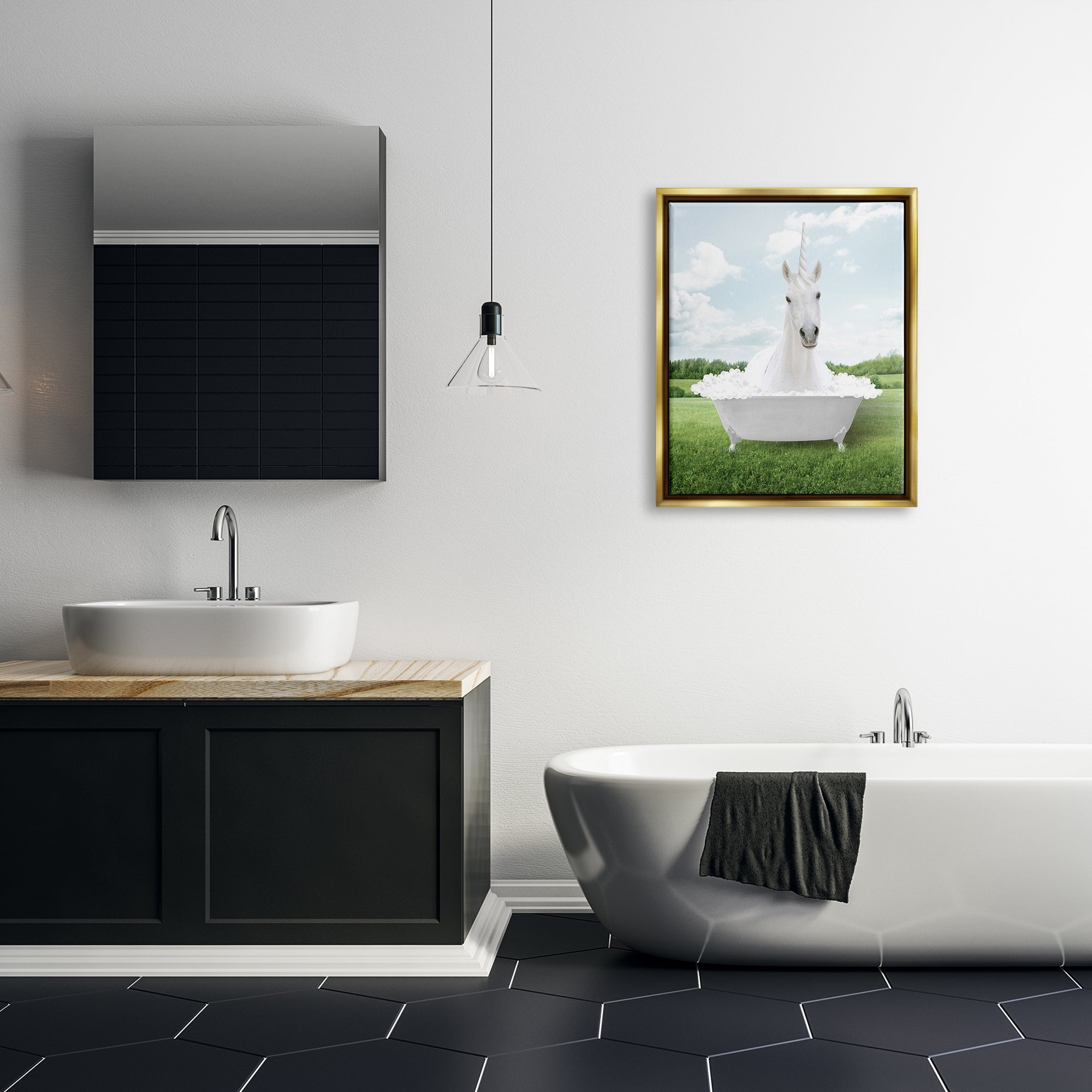 Stupell Industries Unicorn in Tub Landscape Nature Painting Gold Floater Framed Art Print Wall Art, 25 x 31