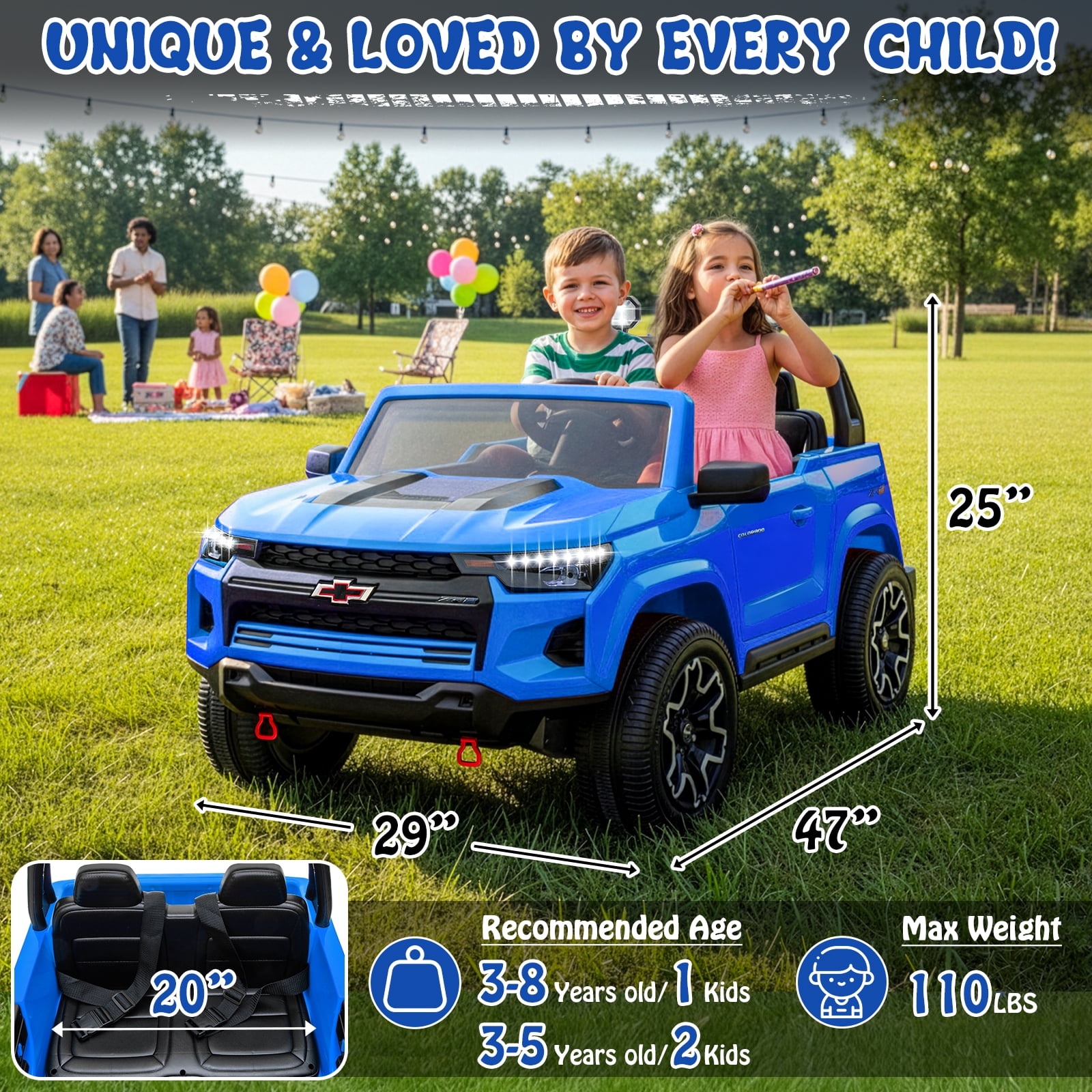 UBesGoo 24V 2 Seater Kids Ride on Car, Licensed Chevrolet Colorado Battery Powered Ride on Toys Truck with Remote Control, Blue