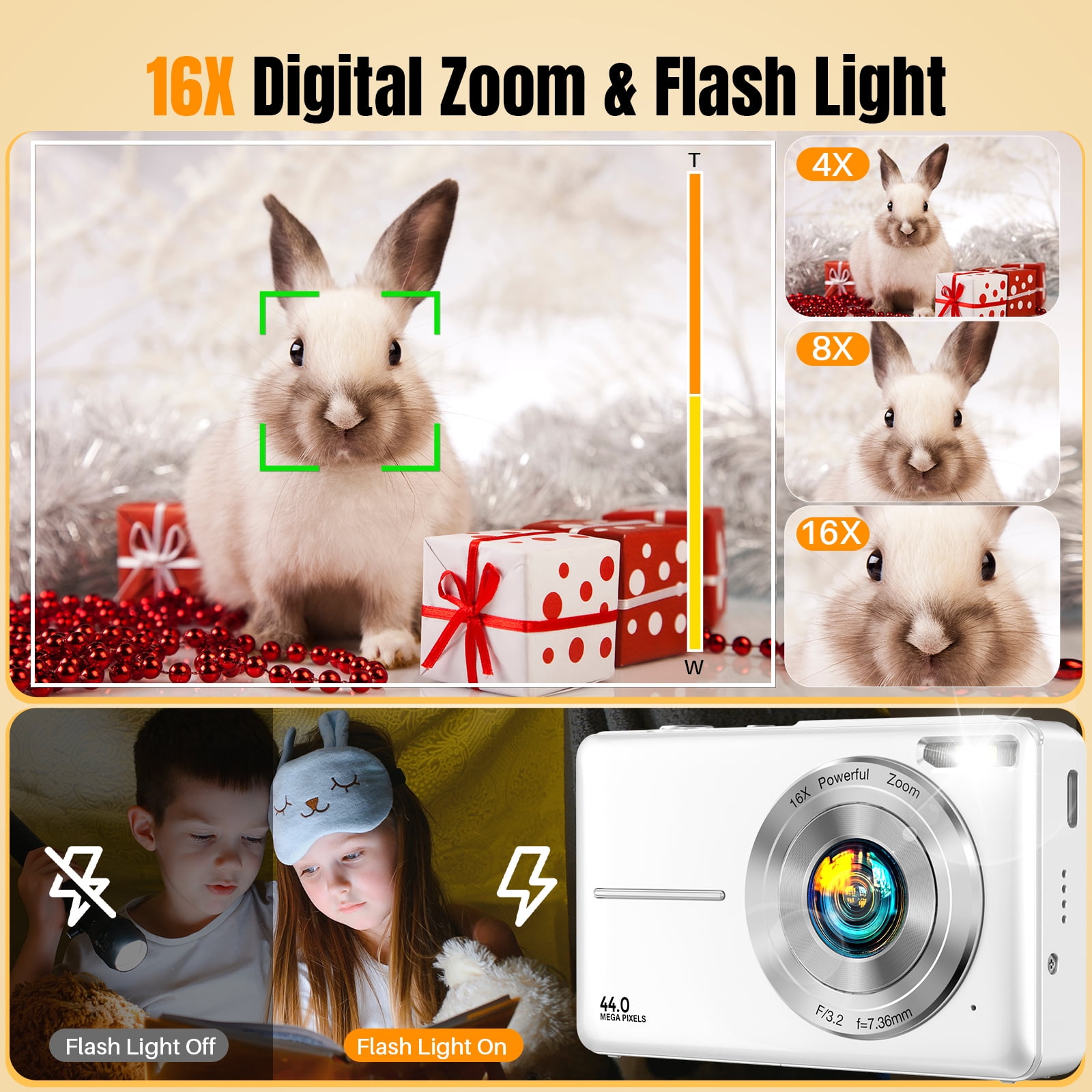 Digital Camera with 32GB TF Card, 1080P Full HD Kids Camera, 44MP & 16X Digital Zoom, Compact Point and Shoot Camera, Portable Small Cameras for Boys Girls Beginners (White)