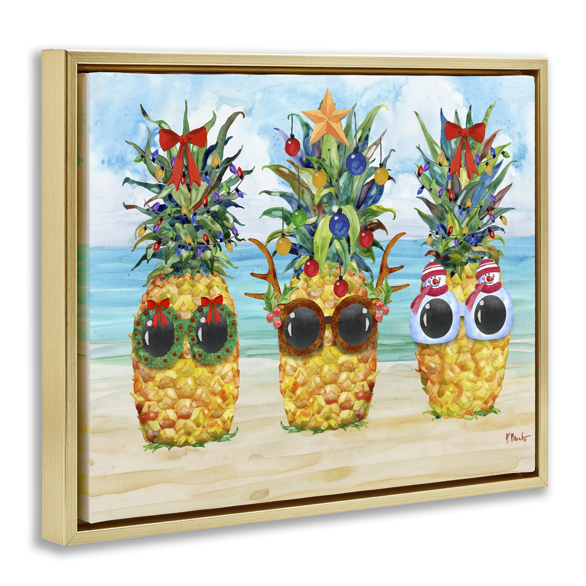 Stupell Industries Christmas Cool Pineapples Holiday Painting Gold Floater Framed Art Print Wall Art, 21 x 17