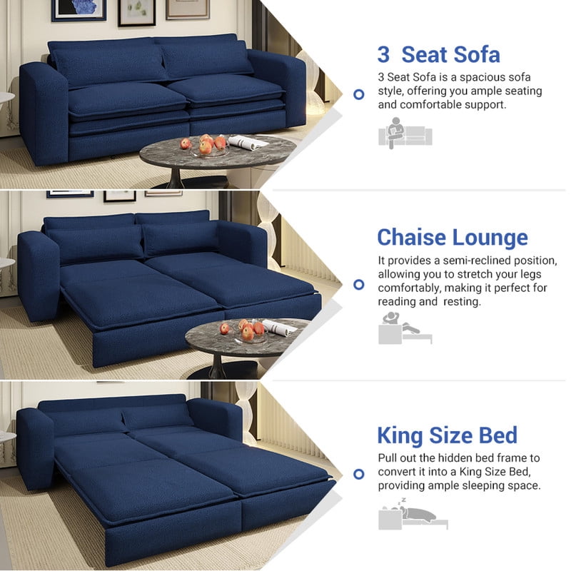 93" King Size Sleeper Sofa Bed, 3-in-1 Convertible Pull Out Couch, Chaise Lounge, Sherpa Fleece 3-Seater Upholstered Sofa with 2 Lumbar Pillows for Living Room, Apartment, and Office