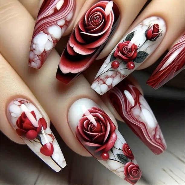 24 Pcs Medium Ballerinas False Nail Glossy Artificial Nail Flowers Stick on Nail Valentines Day Press On Nail