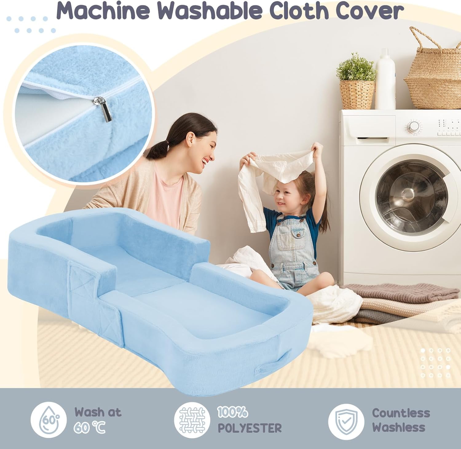 Toddler Travel Bed, 2-in-1 Foldable Portable Toddler Bed Sofa Chair, Soft Baby Kids Travel Floor Cot with Washable Covers Blue