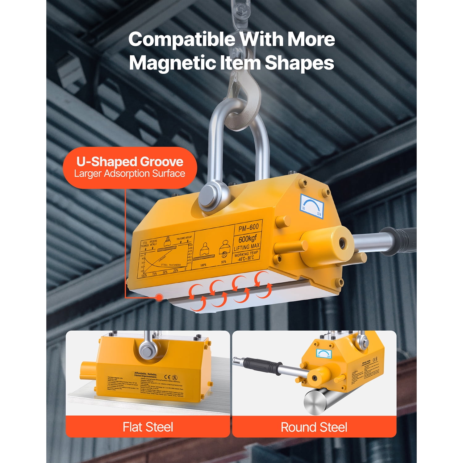 KFFKFF Permanent Magnetic Lifter, 1320 lbs Load Capacity,Durable N42 Neodymium Magnet with Release Handle and Steel Hook,Suitable for Shop Cranes and Hoists, Ideal for Lifting Steel Plates and Boards