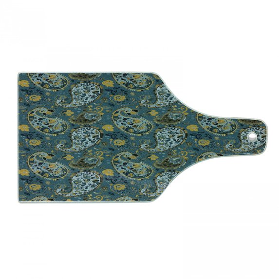Paisley Cutting Board, Antique Curly Floral Motifs Old Fashioned Baroque Blossoms Oriental Cultural Design, Tempered Glass Cutting and Serving Board, Wine Bottle Shape, Multicolor, by Ambesonne