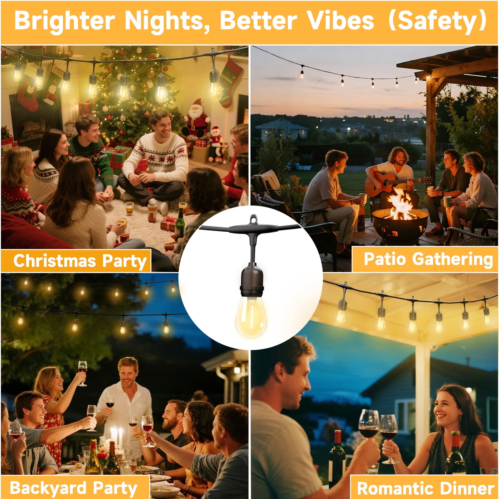 Outdoor Safety String Lights 100FT - 24V 20W Commercial Grade Low Voltage Strand with 40 S14 Shatterproof Bulbs for Tree Garden Yard | Warm Yellow 3500K Party Lights | IP65 Waterproof | UL Listed