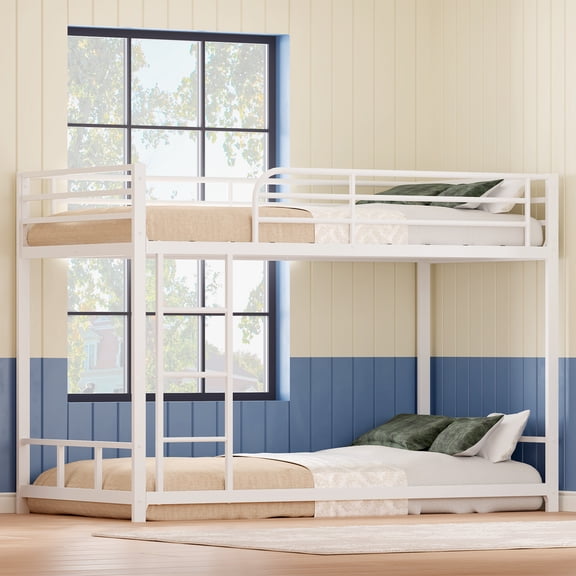 DeepRoar Twin Over Twin Bunk Bed, Metal Bunk Bed with Ladder and Guardrails, Low Floor Bunk Bed for Teens, Adults, Space Saving Bunk Bed for Bedroom, Dorm, No Spring Box Needed, Easy Assembly, White