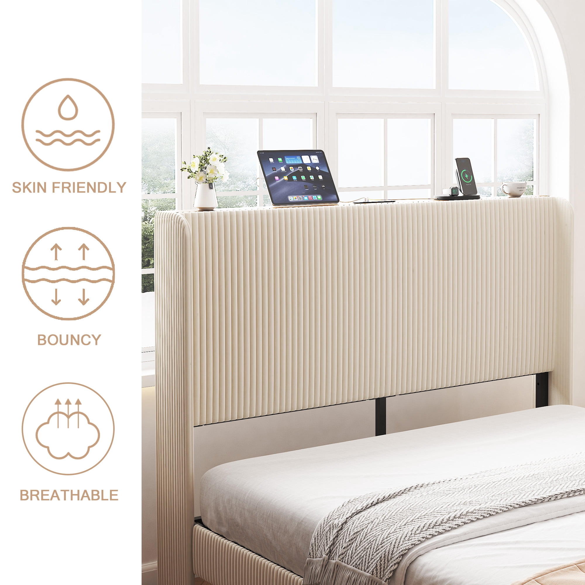 Yoneston Queen Size Platform Bed Frame with Velvet Upholstered Headboard Storage Shelf and USB Port Charging Station for Bedroom, Beige