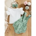 thumbnail image 4 of Biekopu Infant Baby Girl Summer Clothes, Solid Color Fly Sleeve Round Neck Tops + Flower Pattern Suspender Jumpsuit + Bow Headband, 4 of 9