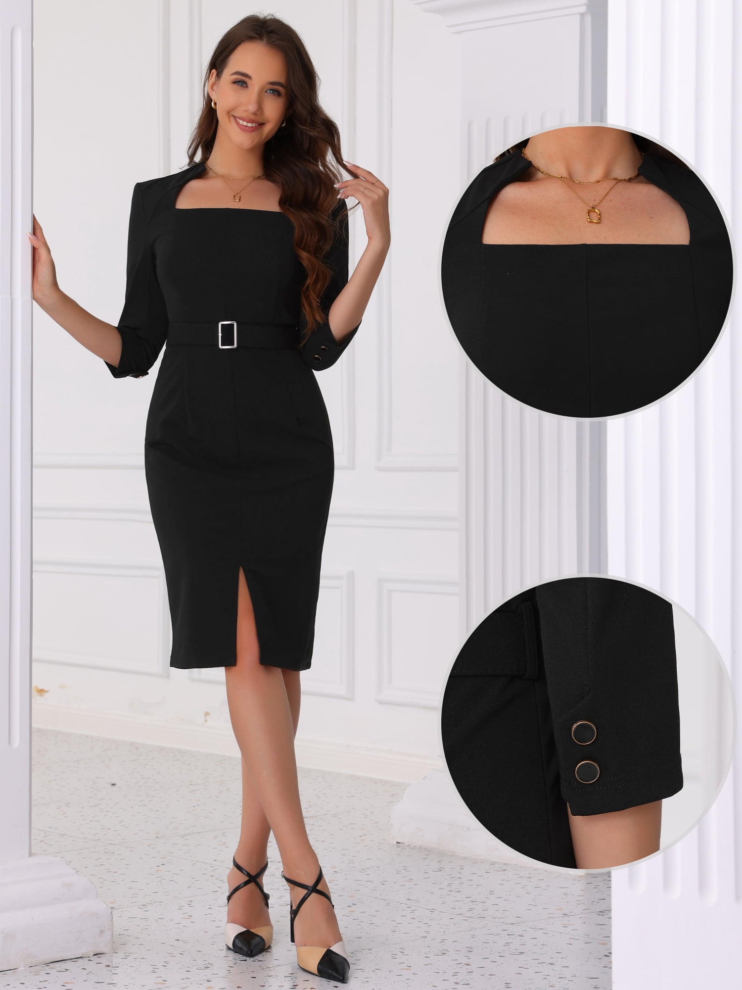 DARING DIVA Belted 3/4 Sleeve Elegant Business Pencil Dress S Black