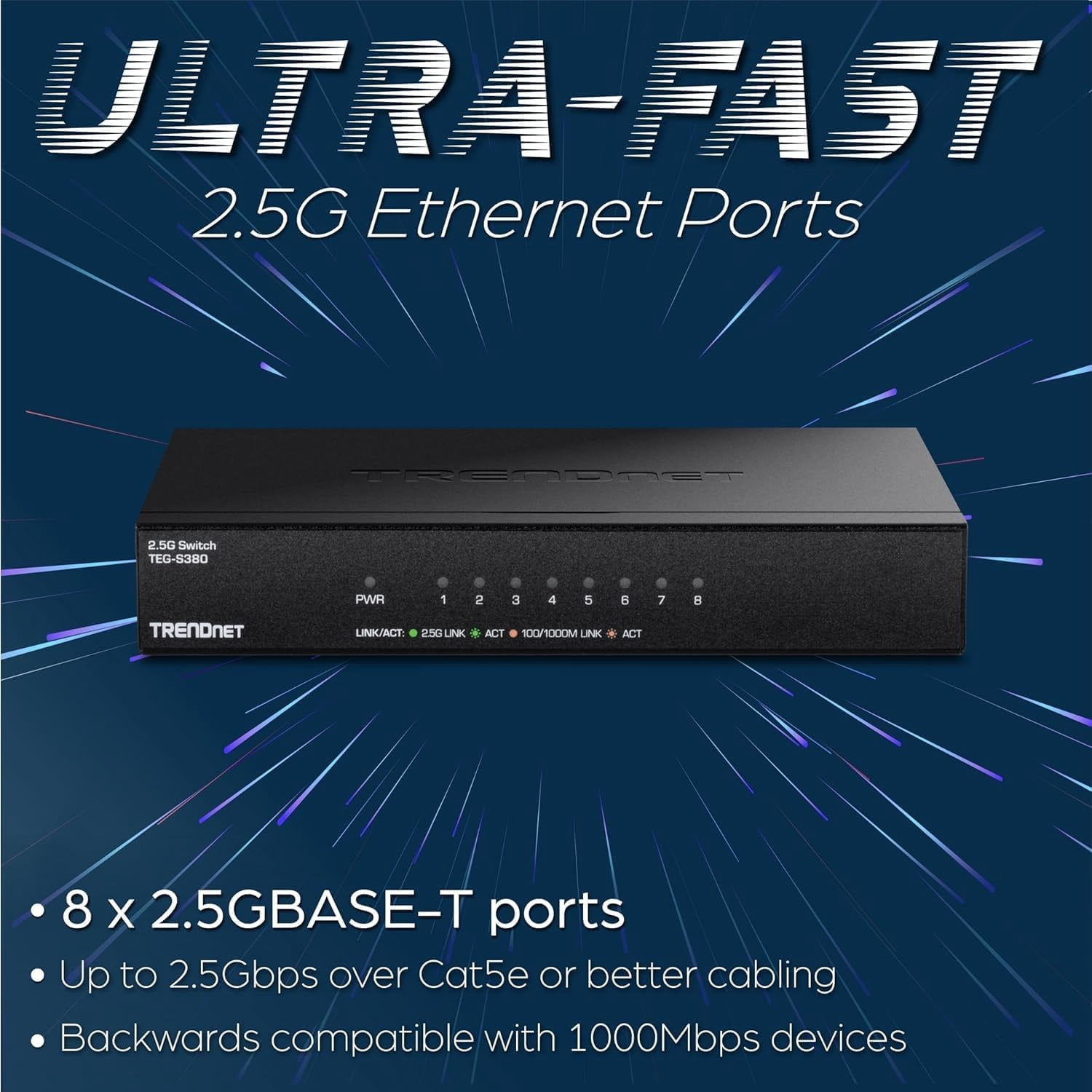 TRENDnet TEG-S380 8-Port 2.5 G Multi-Gig Unmanaged Gaming Network Switch, 40Gbps Switching Capacity, Black