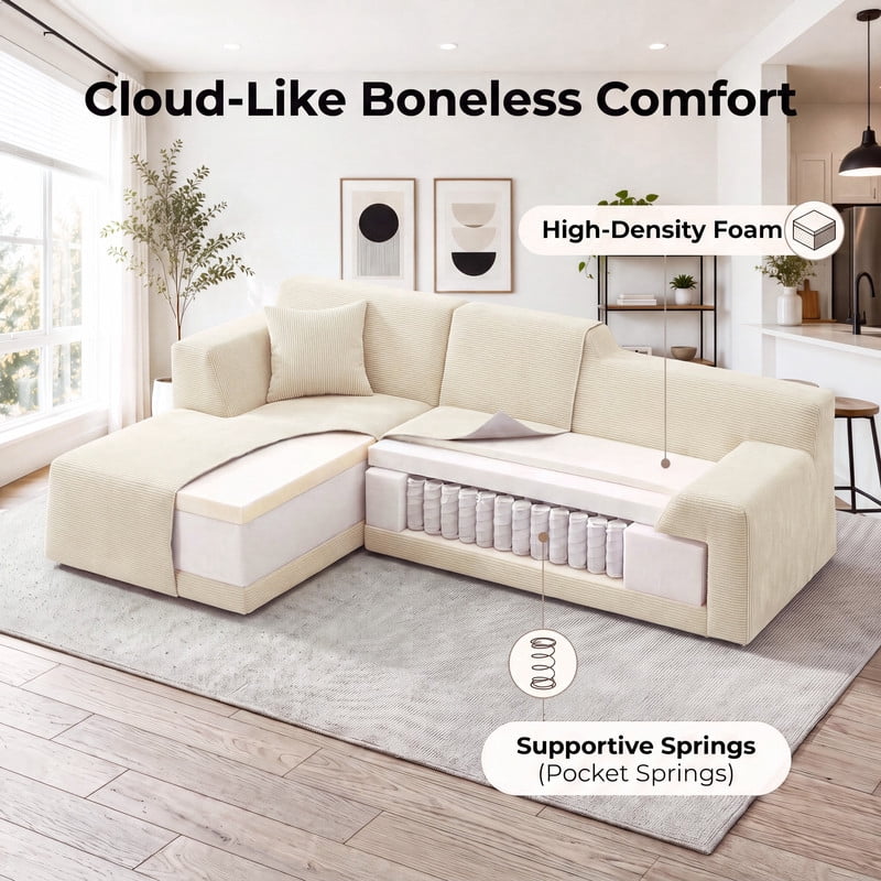 Gewnee 96" Modular Sleeper Sofa Bed, Boneless Sectional Couch with Deep Seat, Boneless Couches for Living Room, Beige（Corduroy）