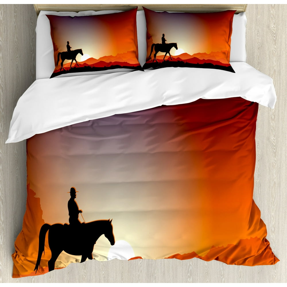 Western Duvet Cover Set, Silhouette of a Cowboy on a Horse Passing by