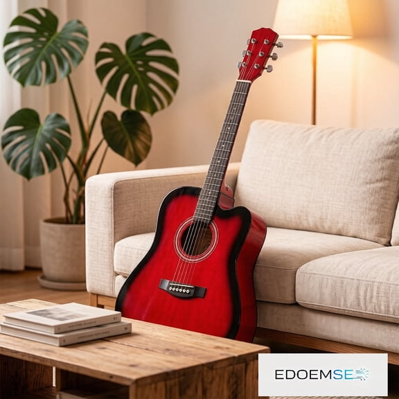 EDOEMSE Acoustic Guitar 41-Inch Dreadnought Barrel-Shaped Cutaway Body Turn Red Finish All-Basswood Body