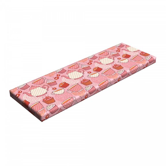 Cartoon Bench Pad, Teapots Cups with Polka Dots Patterns Cherries Cakes Tea Coffee Pattern, HR Foam Cushion with Decorative Fabric Cover, 45" x 15" x 2", Pink Orange and Red, by Ambesonne