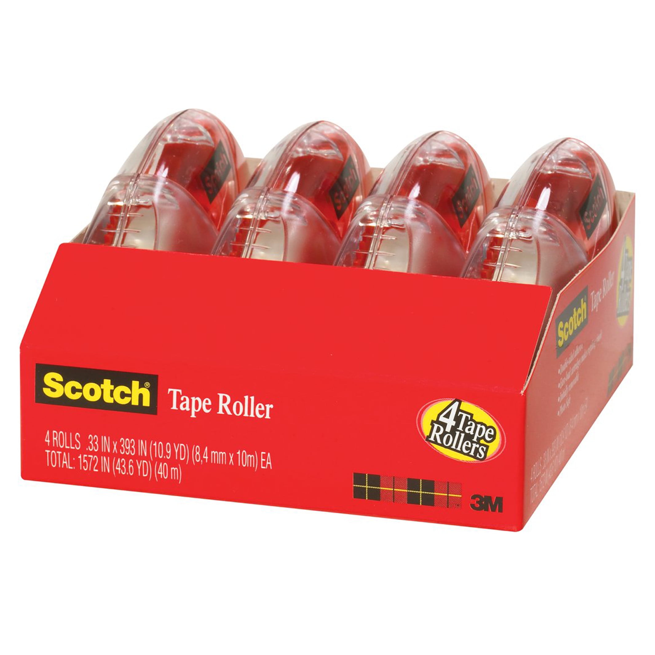 Scotch Continuous DoubleSided Adhesive Roller w/Applicator, 1/3" x 393", Clear, 4/Pack