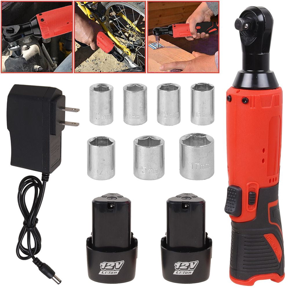 Electric Cordless Ratchet 3/8" 12V Right Angle Wrench Impact Power Tool with 2 Batteries and 7 Sockets