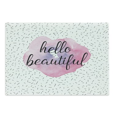 Hello Cutting Board, Words Watercolor Flower Pattern and Celebration Background, Decorative Tempered Glass Cutting and Serving Board, Large Size, Pale Pink Lavender Black, by Ambesonne