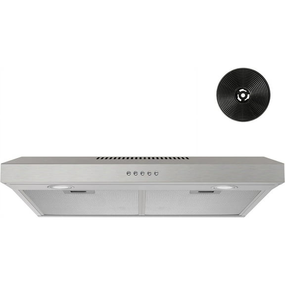FIREGAS Under Cabinet Range Hood 30 inch with Brushless DC Motor, LED Light, 3 Speed Exhaust Fan, Reusable Aluminum Filters, Push Button,Stainless Steel Range Hood,with Charcoal Filter