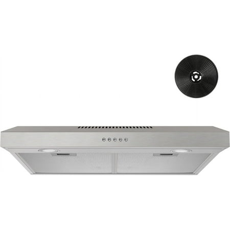 FIREGAS Under Cabinet Range Hood 30 inch with Brushless DC Motor  LED Light  3 Speed Exhaust Fan  Reusable Aluminum Filters  Push Button Stainless Steel Range Hood with Charcoal Filter