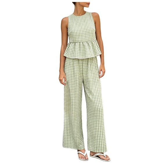 vigerkar Womens 2 Outfits Sets Gingham Plaid Sleeveless Ruffle Tank Tops Wide Leg Pants Summer Matching Lounge Sets (Light Green, XXL)