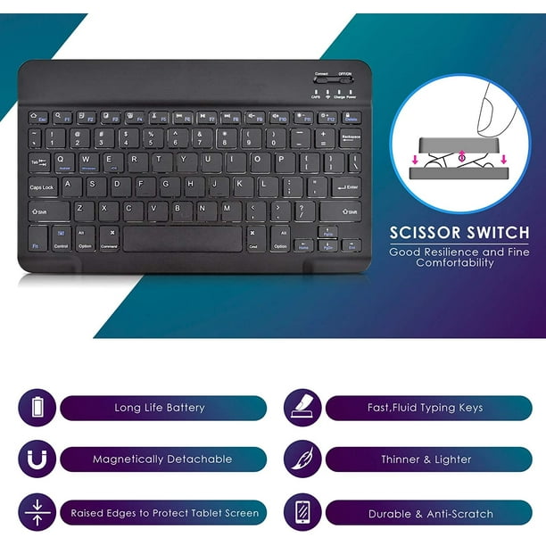DETUOSI Étui universel pour clavier pour tablette 10 pouces, clavier  amovible sans fil Bluetooth + étui folio en cuir PU + 