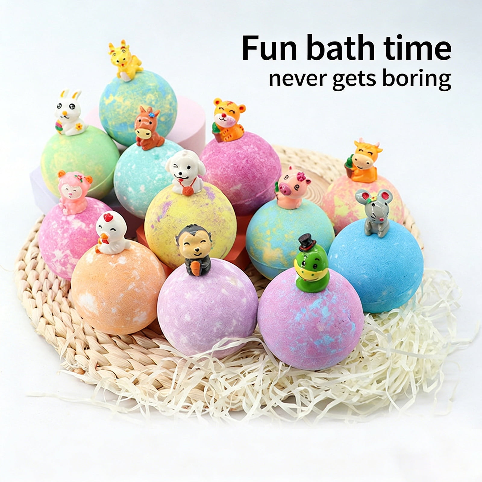 12PCs Bath Bombs with Mega Bubbles & Surprise Inside,Fizzy Bubble Bath With Animal Ornaments,Chinese Zodiac Fruity Flavor Bubble Bath Balls,Colorful Bubble Bath Fizzies for Family Relaxation