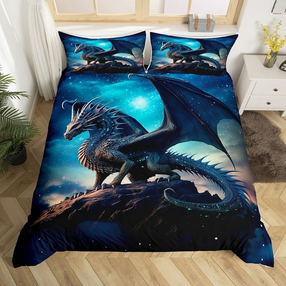 Erosebridal 3D Dragon Duvet Cover Queen Magic Bedding Sets, Blue Galaxy Comforter Cover Magical Animal Bed Set, Mystic Stars Bedding Bedroom Decor 3pcs (No Comforter)