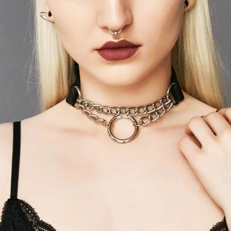Punk Chain Choker Necklace Round Metal Leather Collar Harness Necklace