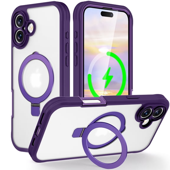 Compatible for iPhone 16 Case with [Screen Protector Film] Invisible Magnetic Ring Stand Military-Grade Translucent Matte Case for iPhone 16 [Compatible with Mag-Safe], Darkpurple