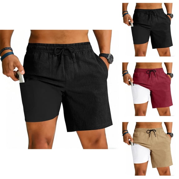 Mens 2 in 1 Athletic Running Shorts with Compression Liner Lightweight Cotton Linen Elastic Waist Workout Shorts with Pockets