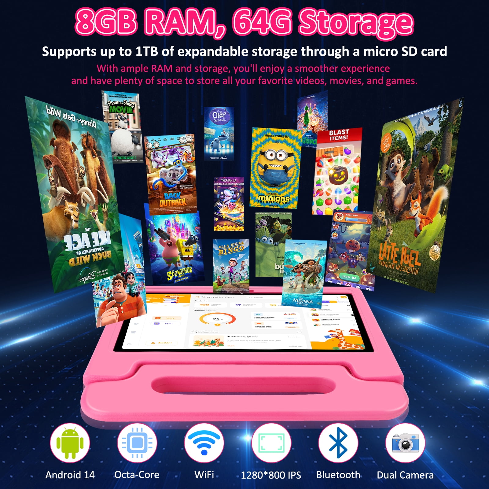 Kids Tablet, 10.1 inch Tablet for Kids IPS HD Screen RAM 8GB 64GB Storage, J10 Pro Toddler Tablet with Protective case - Pink