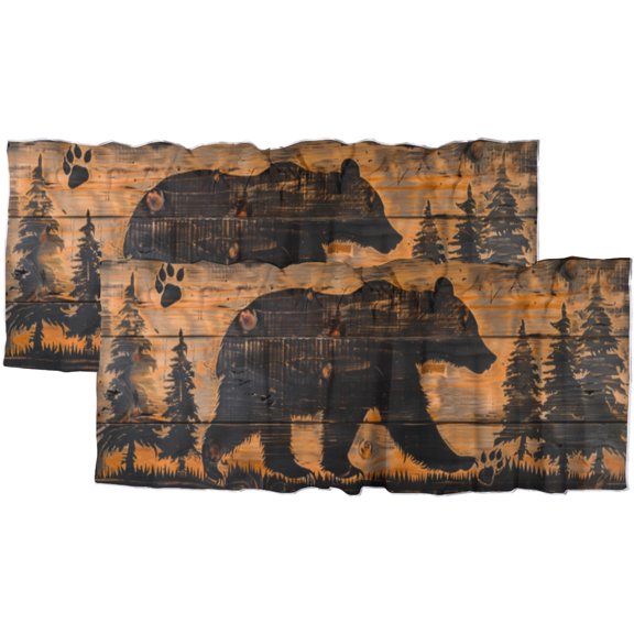 Retro Bear Rod Pocket Window Curtain Valance Rustic Woodland Wild Animal Farmhouse Wooden Board Window Valance for Bedroom Bathroom Living Room Dining Room Valances Set 54 by 18 in, 2 Panel