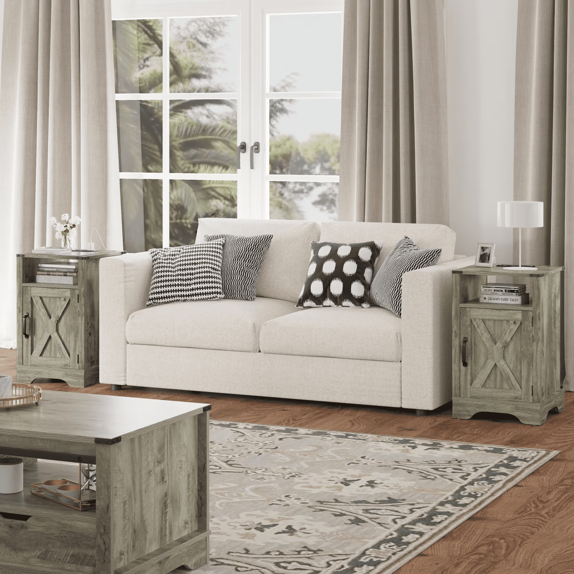 Farmhouse Wooden End Table with UL Certified Charging Station, 16"D×16"W×25"H Rustic Nightstand with Storage Cabinet & Open Shelf for Bedroom Living Room Office