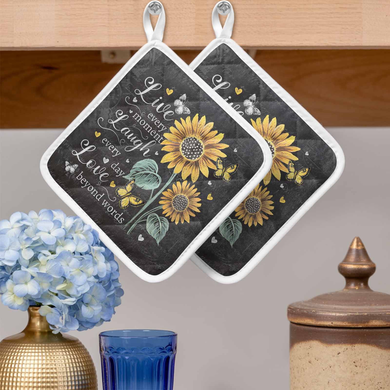 Retro Sunflower Pot Holders for Kitchen Heatproof Potholder, 5 Pack Spring Summer Farmhouse Floral Butterfly Hot Pads Multipurpose Oven Pads Cloth Potholders Trivet for Cooking Baking