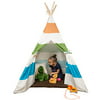 Kids Canvas Teepee Tent - 100% Cotton with Pine Wood Frame (White/Grey Stripes) - 5 ft Tall Tee Pee- Collapsible for easy storage