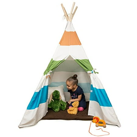 Wood Frame Canvas Kid's Canvas Teepee Tent - 100% Cotton with Pine Wood Frame (White/Grey Stripes) - 5 ft Tall Tee Pee- Collapsible for easy storage ()