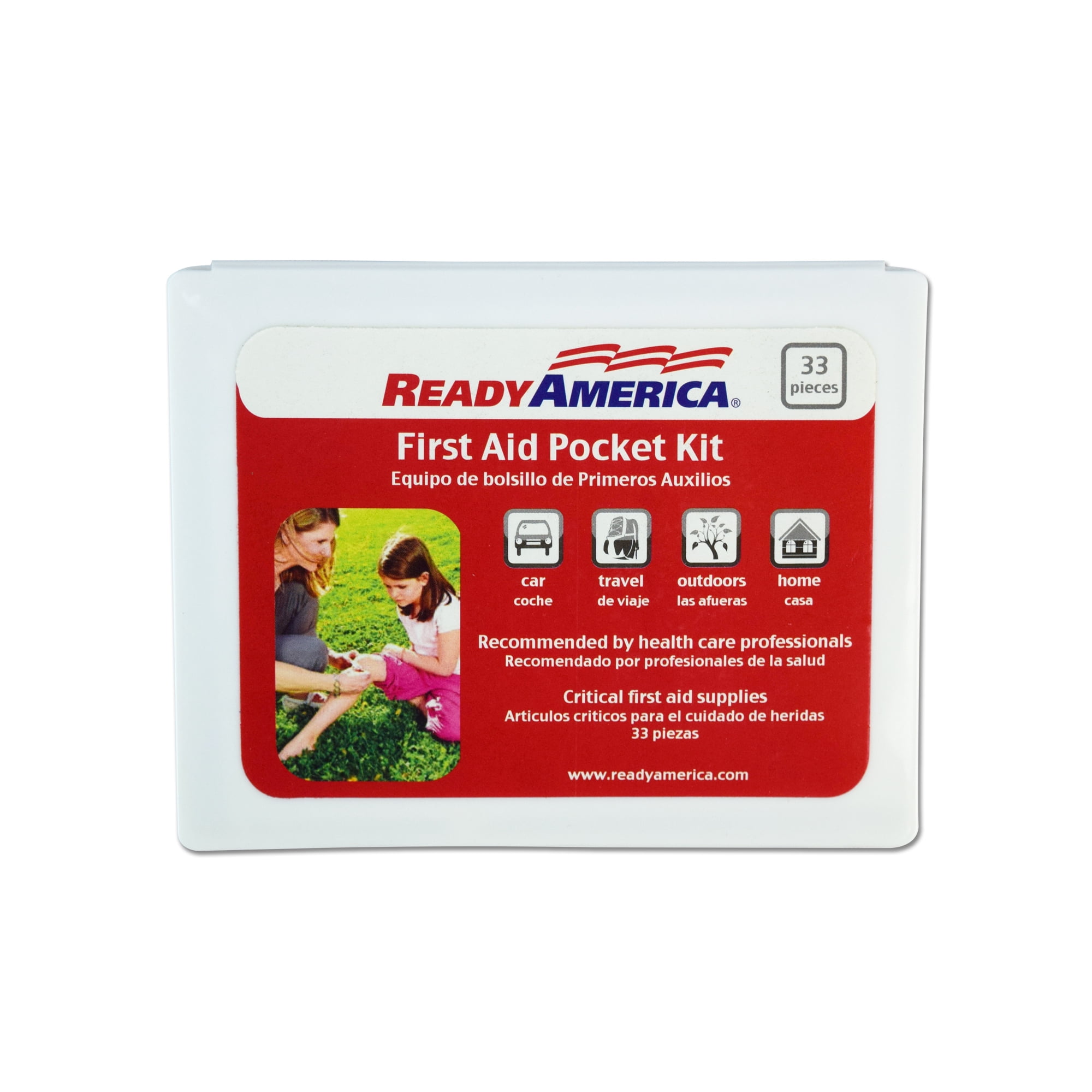 (4 pack) 33 Piece First Aid Pocket Kit, Ready America, approximate kit dimensions: 3.75 in. x 4.75 in. x .50 in.