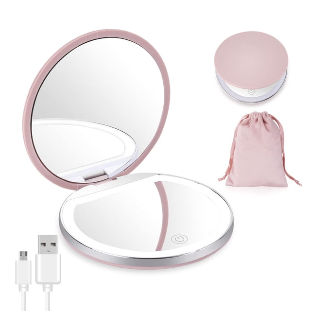 Espejo de bolsillo, espejo compacto, espejo de maquillaje LED, espejo cosmético iluminado, plegable (rosa) JFHHH pequeña