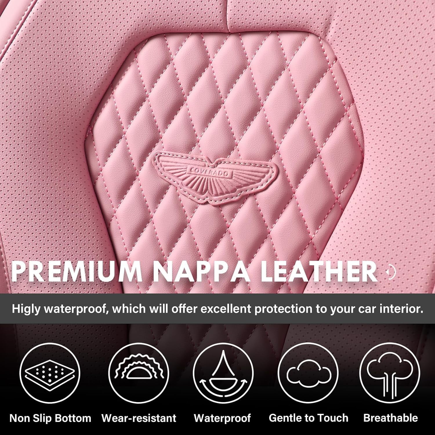 Coverado Car Seat Covers Full Set, Pink Front and Back Automotive Seat Protectors, Universal Leather Auto Cushions Fit for Most Cars, SUVs and Trucks