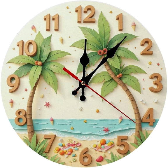 Beach Theme Wall Clock Summer Decor Palm Trees Ocean 10 Inch Silent Wall Clock Battery Operated, Frameless Wooden Round Clock with Quartz Movement for Bathroom, Kitchen, Living Room, Bedroom