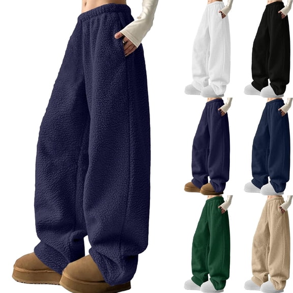 Aboser Winter Fleece Pants for Women Fuzzy Plush Lounge Pants Plus Size Wide Leg Pants Loose Fit Elastic Waisted Trousers Fluffy Sherpa Pants with Pockets Beige L